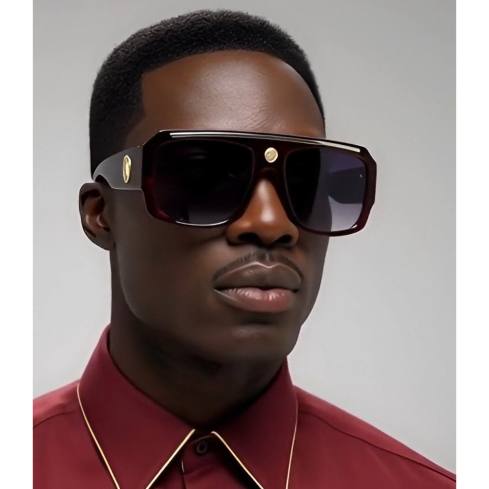 Oversized Flat Top Shield Sunglasses Burgundy Black Gold Medallion Square UV400